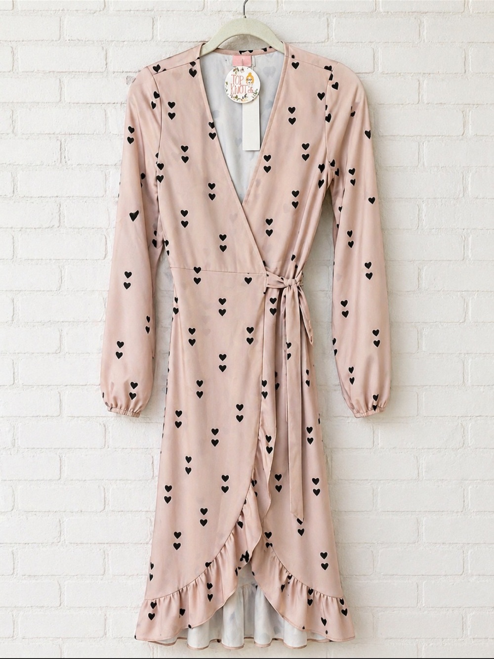 Blush Heart-Print Wrap Midi Dress with Tie Waist